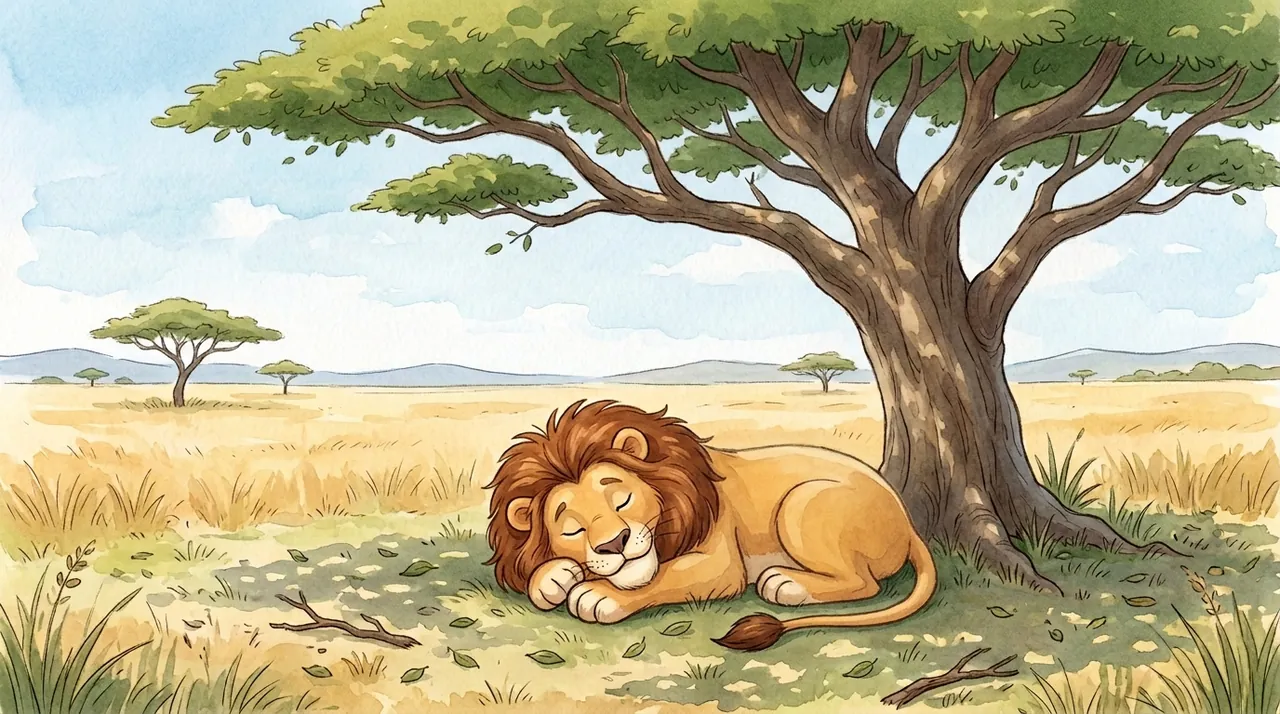 The lion asleep in the shade of a big acacia