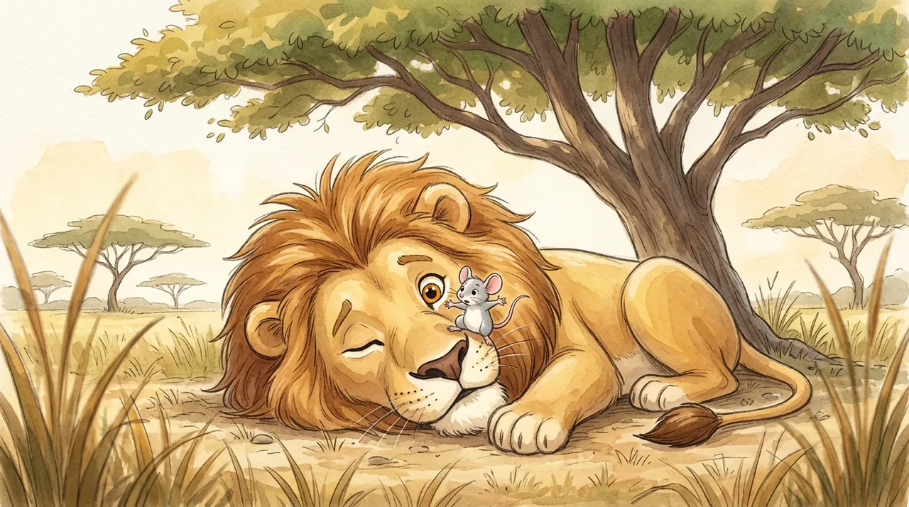 A little grey mouse sitting on the sleeping lion's nose