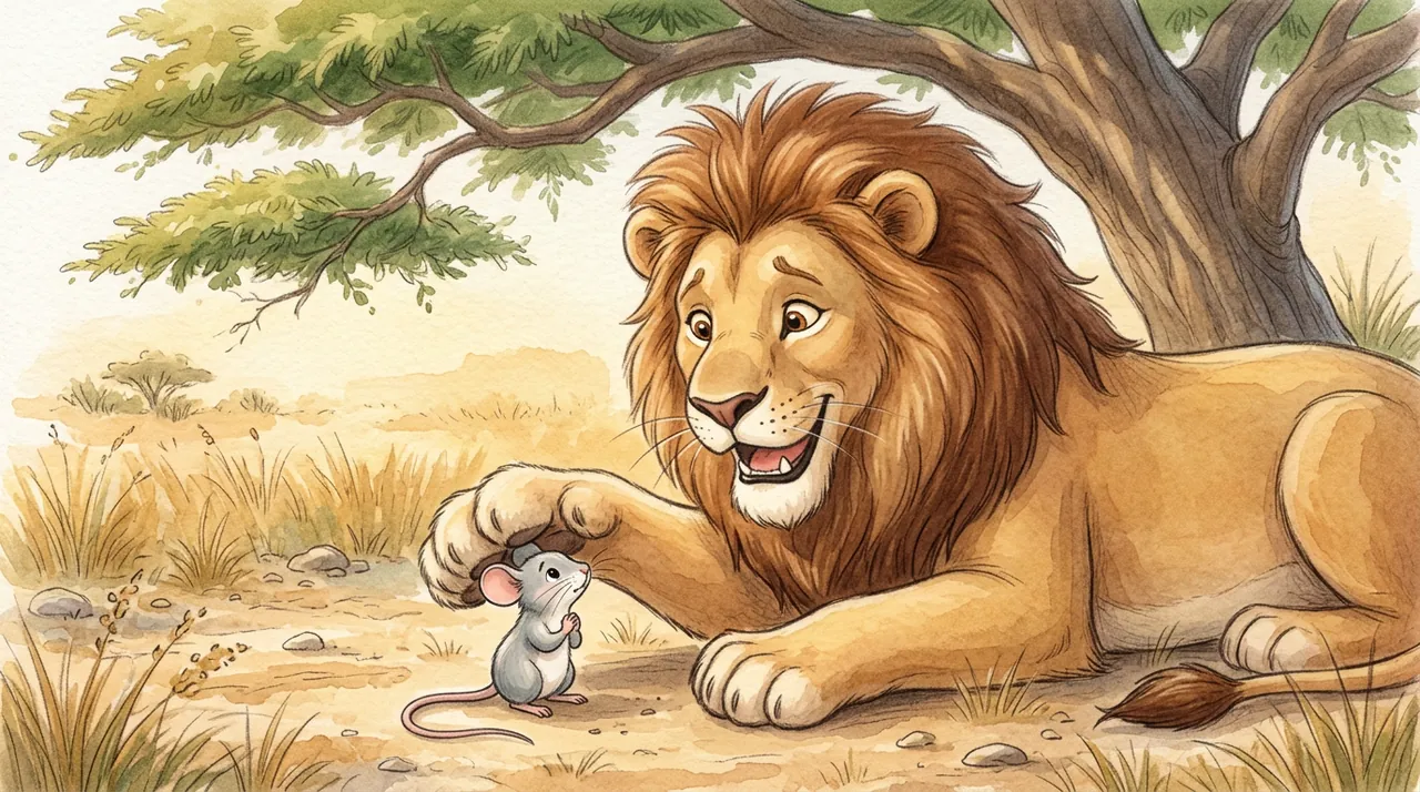 The lion laughing, with the little mouse by his paw