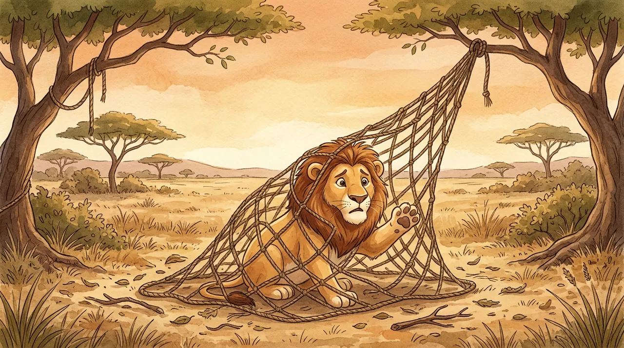 The lion caught in the hunters' rope net