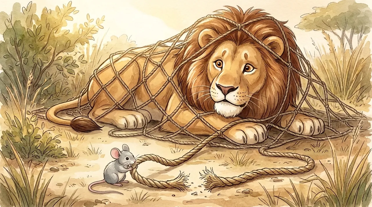 The mouse has chewed through a rope of the net holding the lion