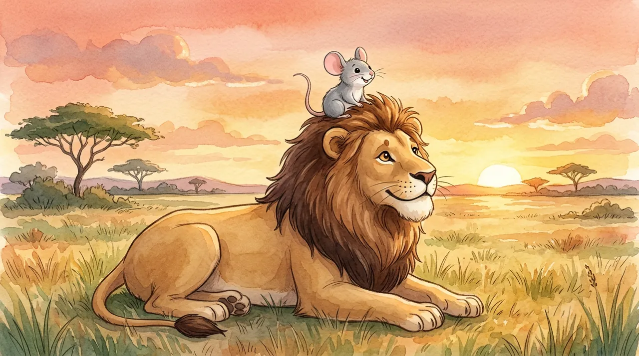 The mouse sitting on the lion's head at sunset: best friends now